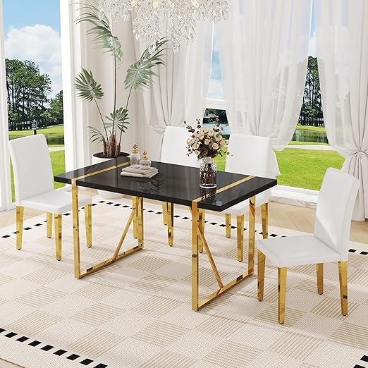 55" Black Dining Table Set for 6 with Golden Metal Legs