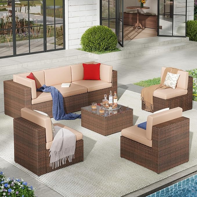 Patio Furniture Sets, 7 Pcs Outdoor Sectional Sofa with Coffee Table