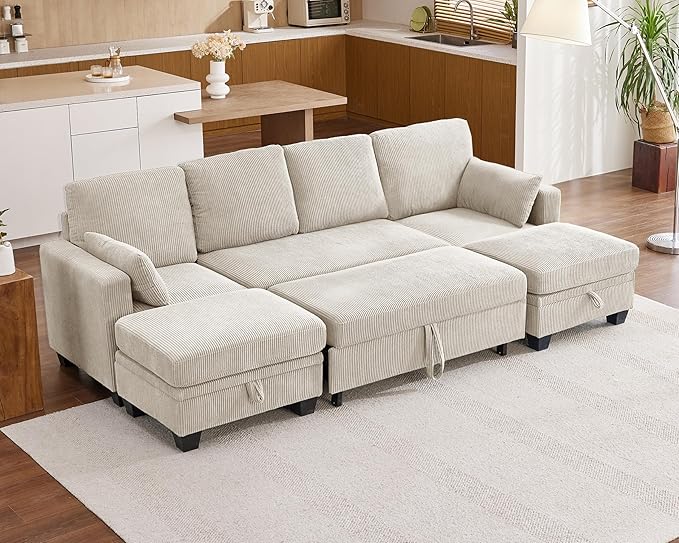 Modular Sofa with Pull Out Bed, Corduroy Sectional Convertible U-Shaped Sleeper