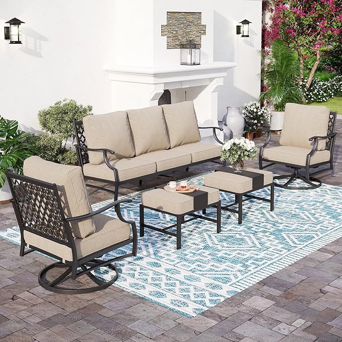5 Piece Metal Outdoor Patio Furniture Set, Patio Conversation Sets 1 3-Seater Sofa