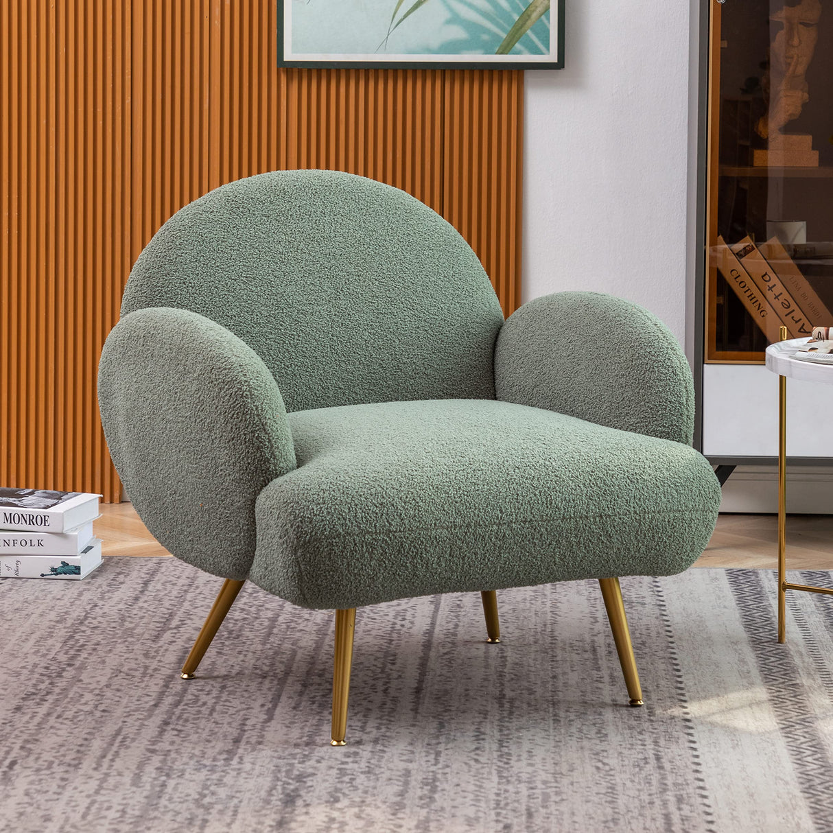 Accent Chair Green with Golden Metal Legs,Reading Chair for Bedroom Comfy