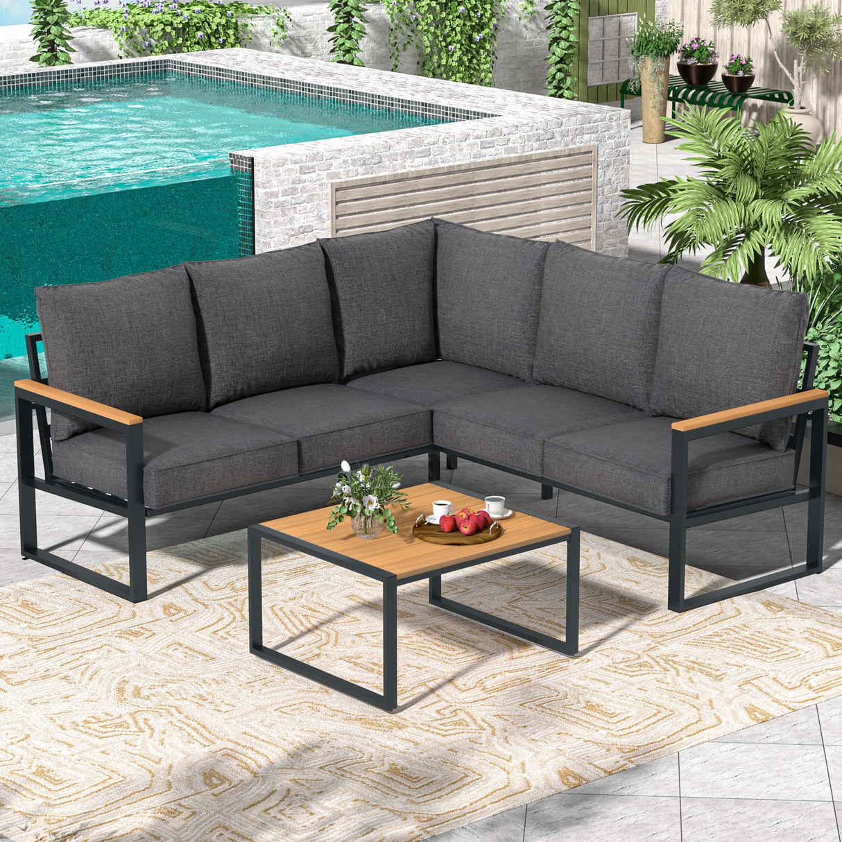 Metal Patio Furniture Set, 6 Pieces Outdoor Sectional Sofa Set with Side Table