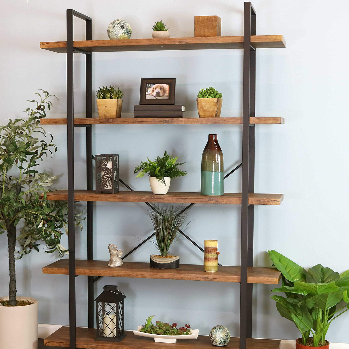 5-Tier Industrial Style Bookshelf with Open Shelves and Veneer Finish - North American