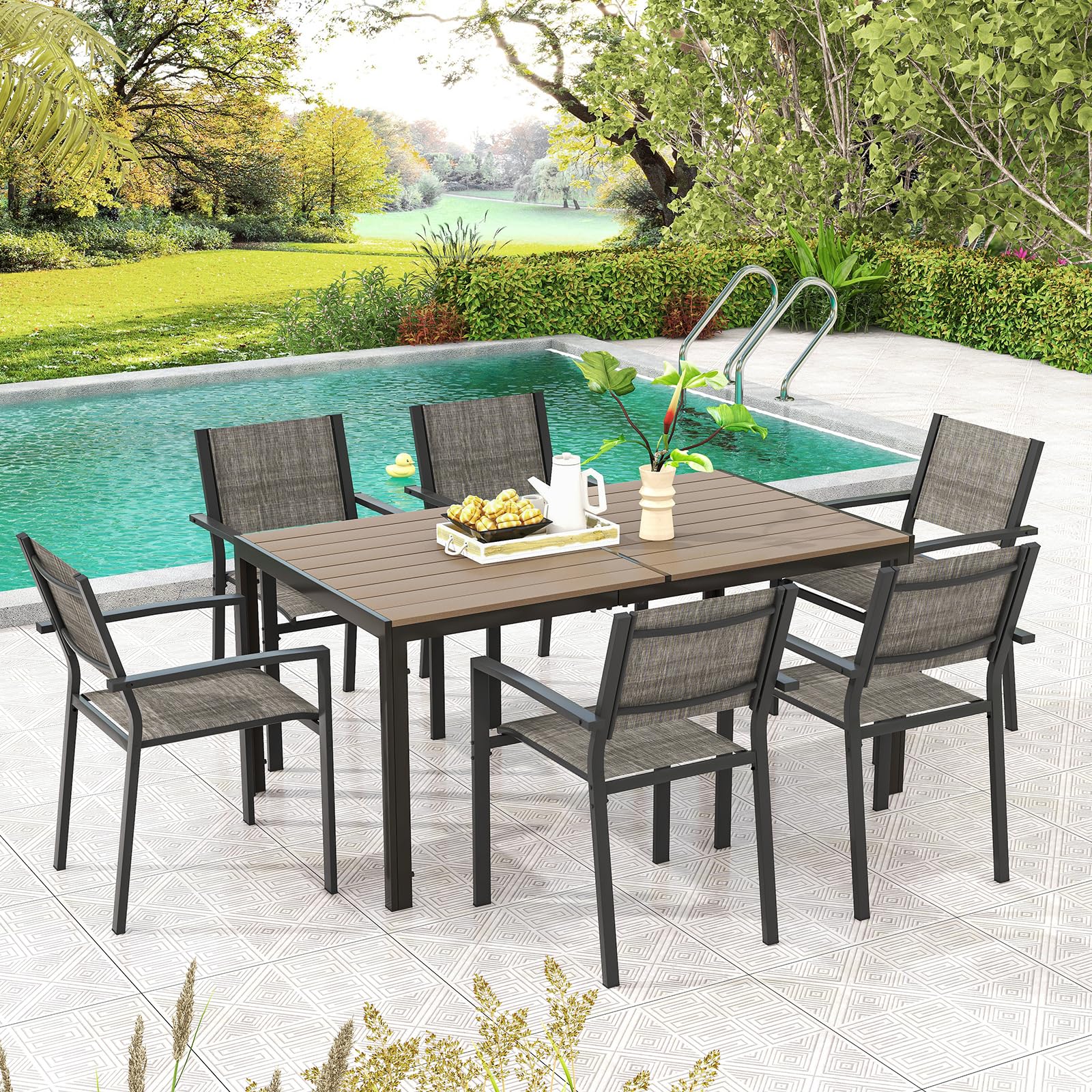 7 Piece Outdoor Dining Set, Patio Furniture Set w/ 6 Stackable Chairs & Large Rectangle Table