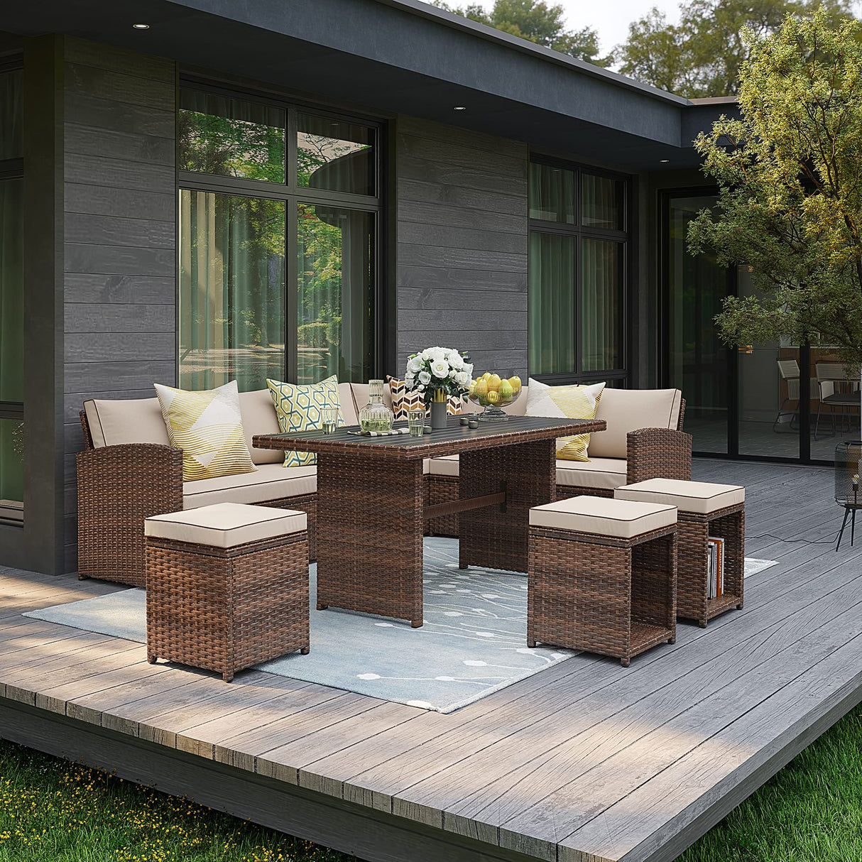 7-Piece Outdoor Patio Furniture Set with Cushions, Table & Ottoman
