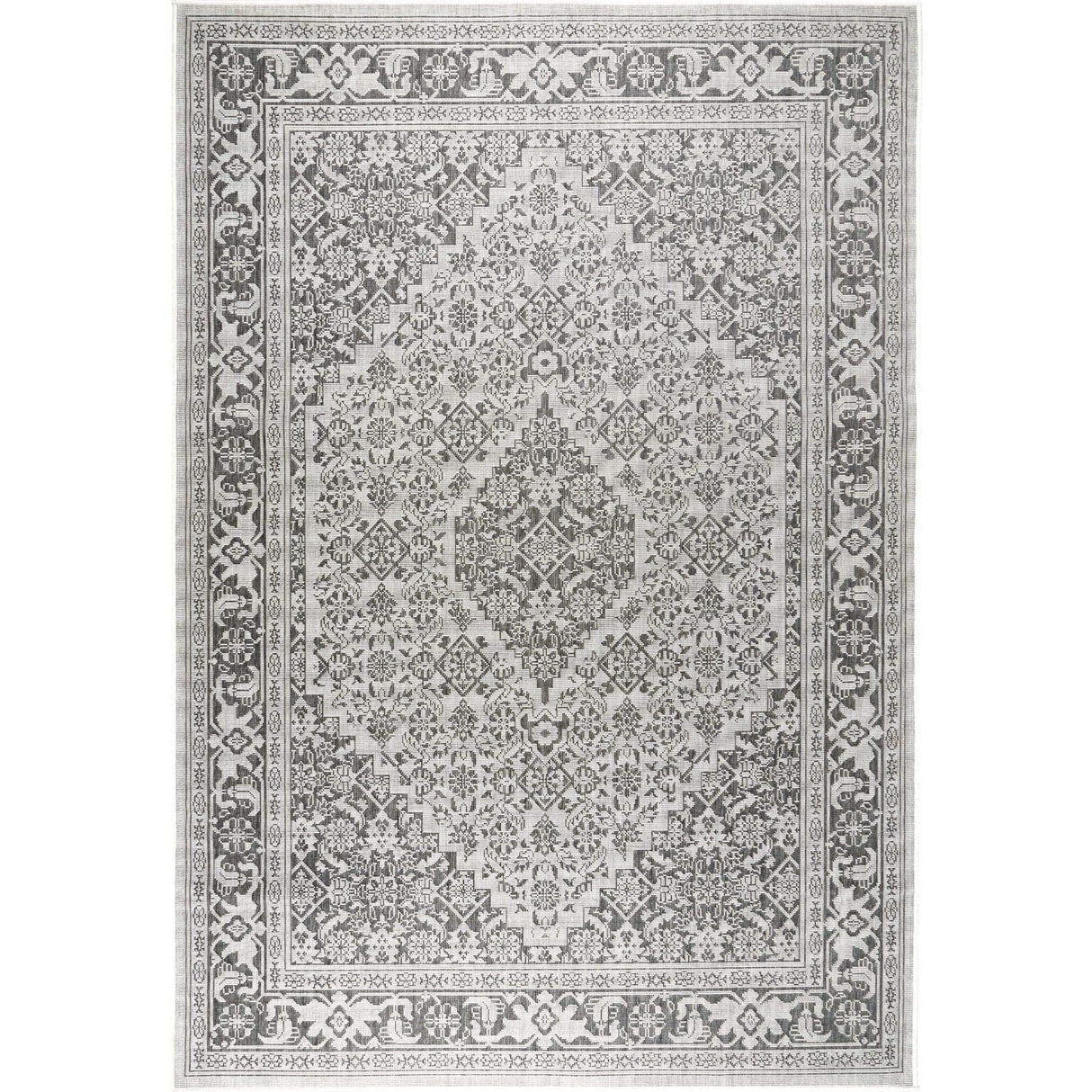 Patio Country Dahlia Transitional Medallion Indoor/Outdoor Area Rug, Grey/Black