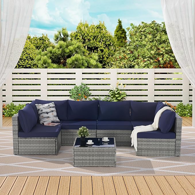 Outdoor Rattan Patio Furniture Set, 7 Pieces Furniture Sofa and Table Set