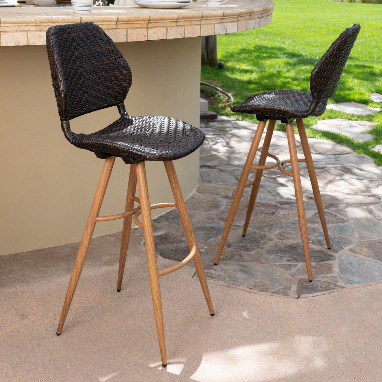 Laryn Outdoor Wicker Barstools with Wood Finish Metal Legs
