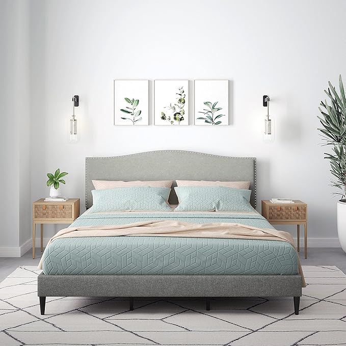 Kameli Upholstered Platform Bed Frame/Nailhead Trim Camelback