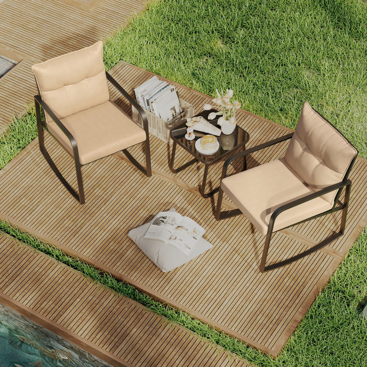 3 Piece Outdoor Rocking Bistro Set, Black Steel Furniture, Porch Chairs Conversation Set