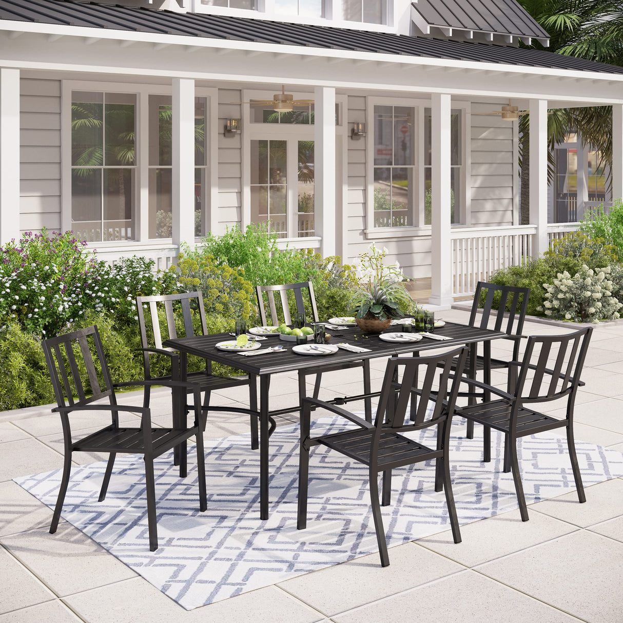 7-Piece Outdoor Dining Set,6 Stackable E-Coated Metal Chairs and 1 Black Rectangular