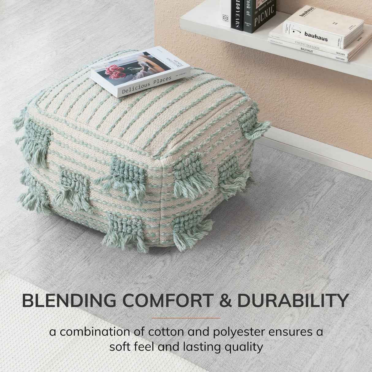 Anji Mountain 100% Handmade & Handcrafted Comfortable Home Décor Pouf Ottoman Footrest for Living Room, Bedroom, Nursery, Kidsroom, Patio Furniture - (22" x 22" x 16"- Green,Beige)