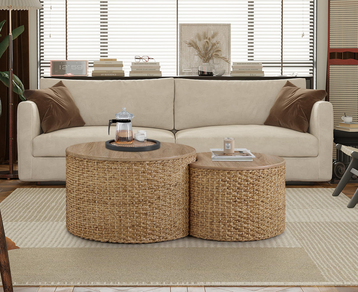 Nesting Coffee Table Set of 2, Coastal Coffee Table with Storage, Woven Coffee Table