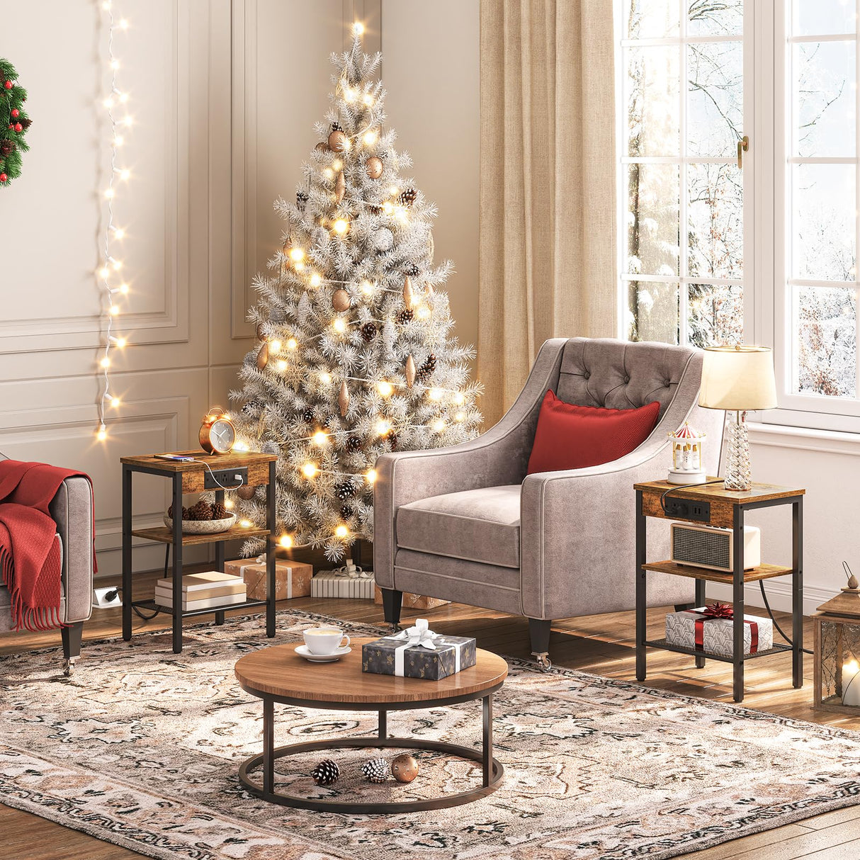 End Table with Charging Station and USB Ports, 3-Tier Nightstand with Adjustable Shelf,