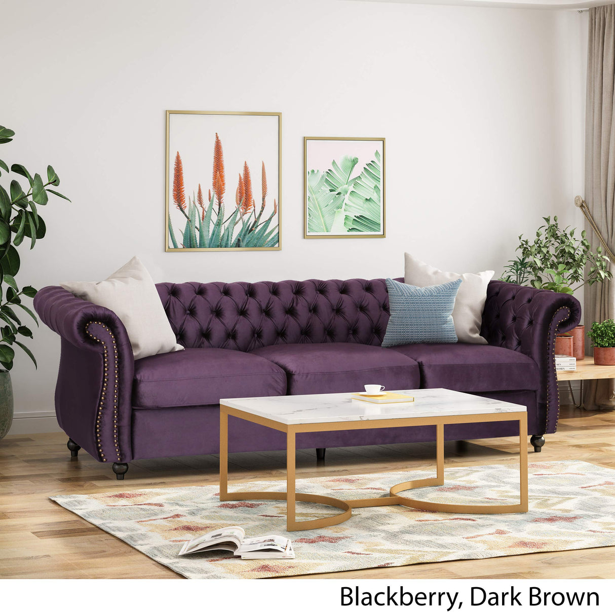 Tufted Jewel Toned Velvet Sofa with Scroll Arms, BlackBerry