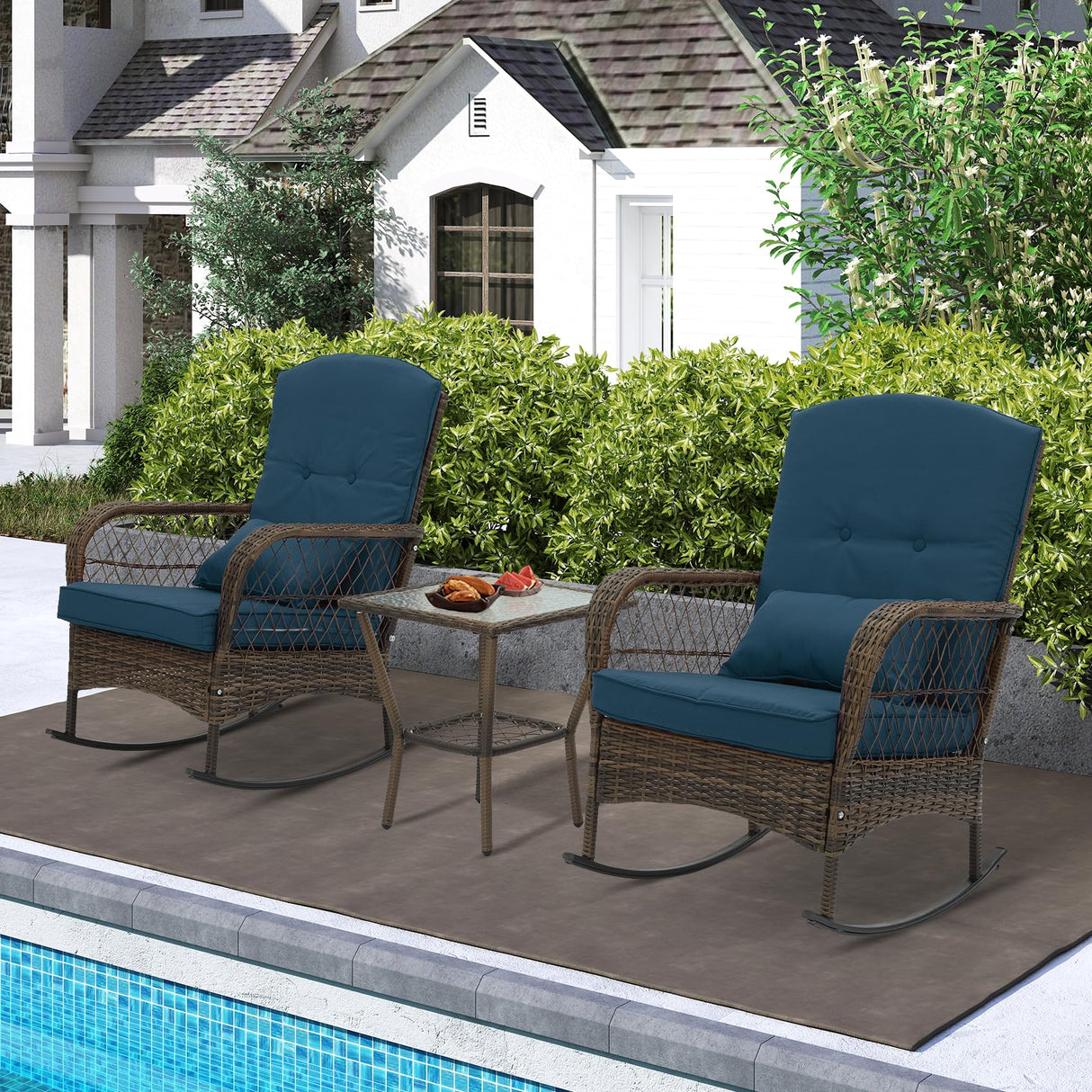 3 Piece Rocking Bistro Set Wicker Outdoor Patio Chairs Rattan Conversation Sets