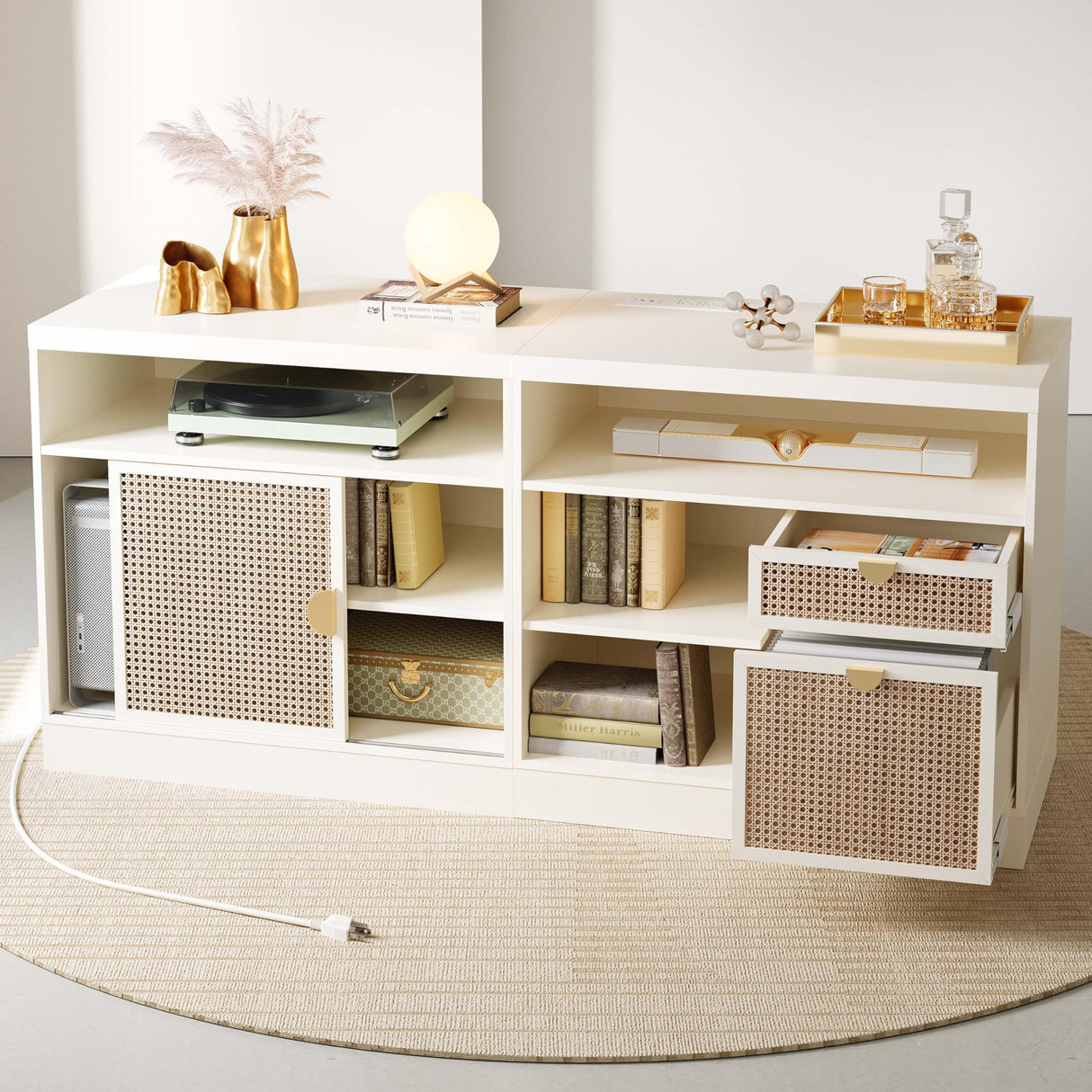 ModernMate Rattan Lateral File Cabinet, Filing Cabinet for Home Office with Adjustable Storage Shelves, 63inches Office Credenza, White Rattan