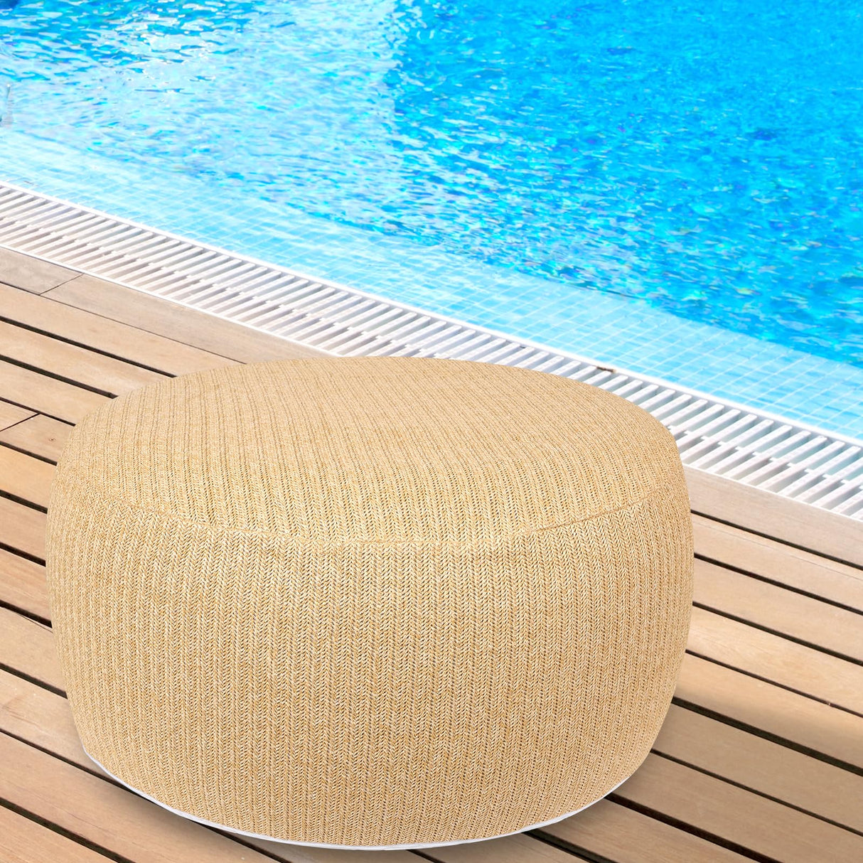 Woven Inflatable Ottoman, Fade-Resistant D31”x H14” Outdoor Indoor Pouf Patio Footrest Stool with Portable Handle, Round Ottoman for Patio Garden, Camping, Bedroom, Living Room