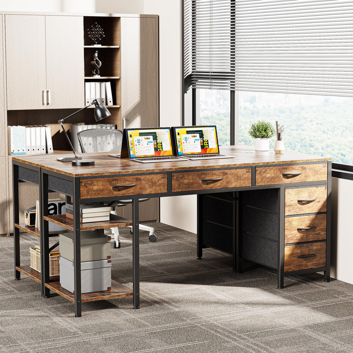 Computer Desk with 6 Drawers, 54 Inch Office Desk with Shelves, Reversible Gaming Desk