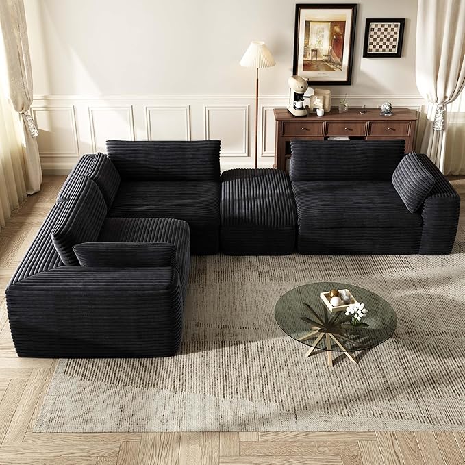 85'' Living Room Sectional Couch with Double Layer Black Plush Corduroy Fabric