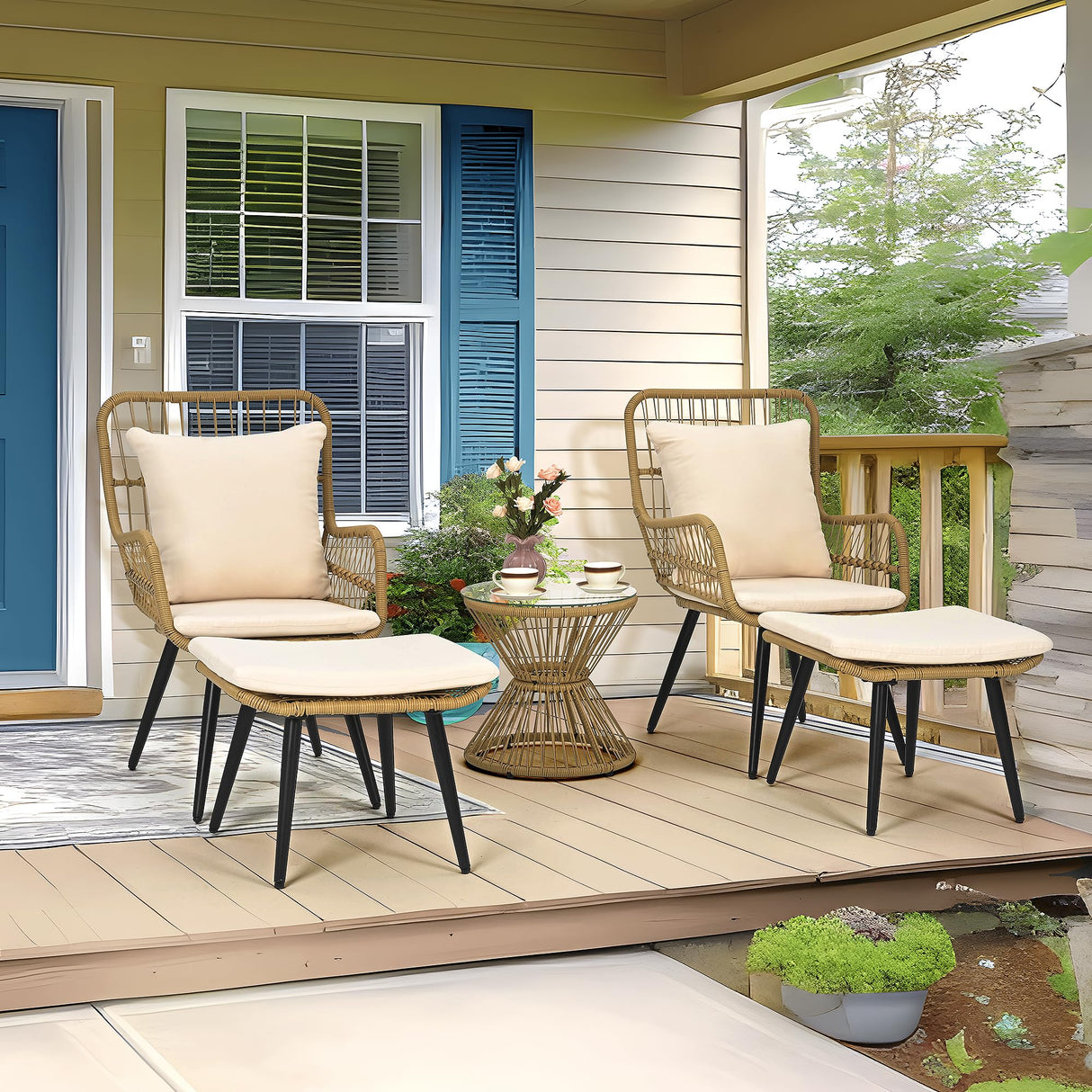 5 Piece Outdoor Patio Bistro Set with Ottoman, Patio Conversation Sets with Tempered Glass Top Side Table