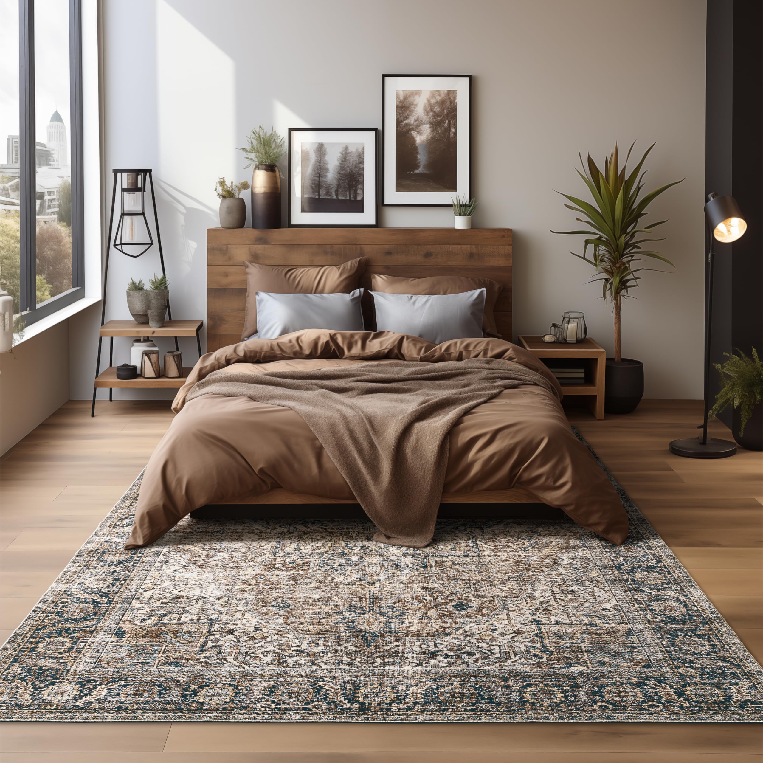 Modern Rugs for Living Room 5x7 Washable Low Pile Vintage Floral Moody Area Rug