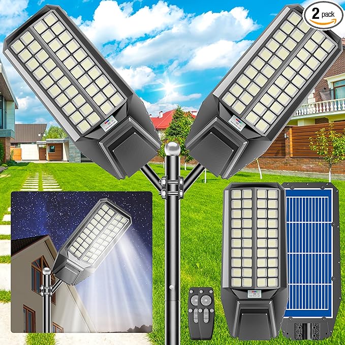 2-Pack 8000W Solar Street Light - 600000 Lumens, Dusk-to-Dawn, Waterproof