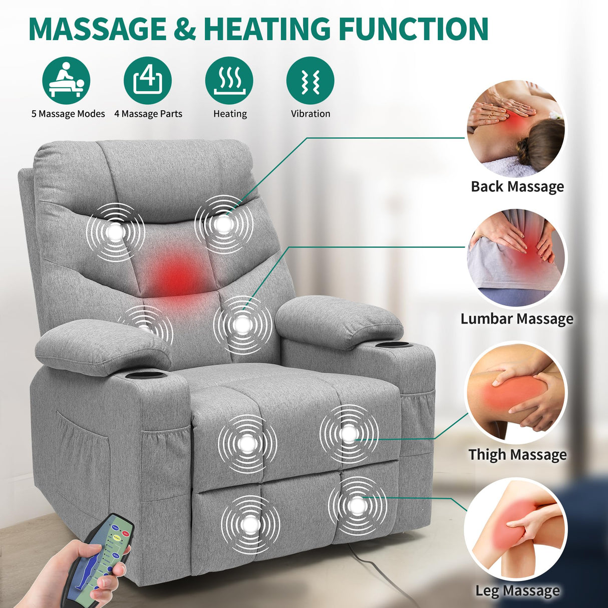 MaxEase Oversized Swivel Power Recliner with Massage, Heat & Storage