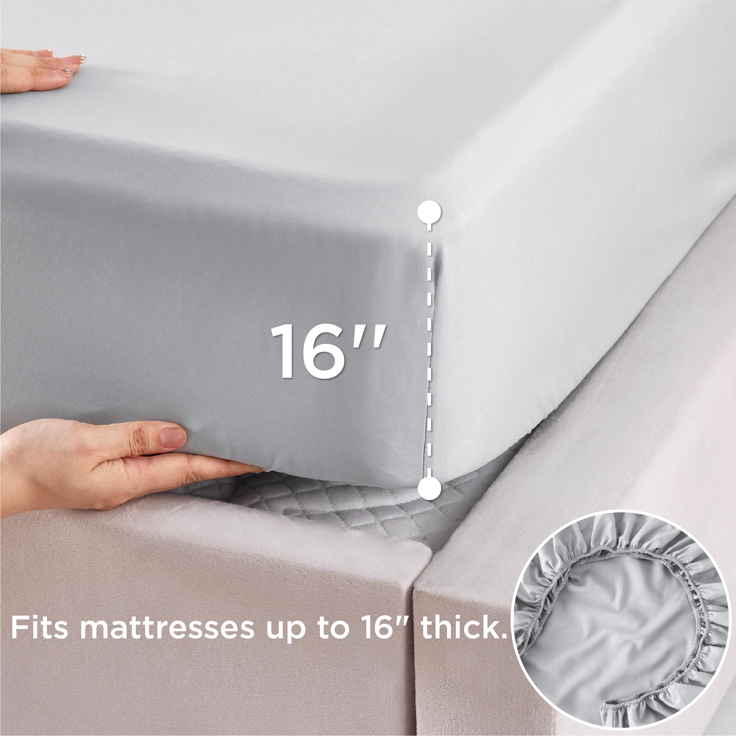Bedsure Cooling Sheets for Queen Size Bed Set, Polyester & Rayon Derived from Bamboo, Breathable & Wrinkle Free, Silky Soft with 16 Inch Deep Pocket Bed Sheets - Light Grey