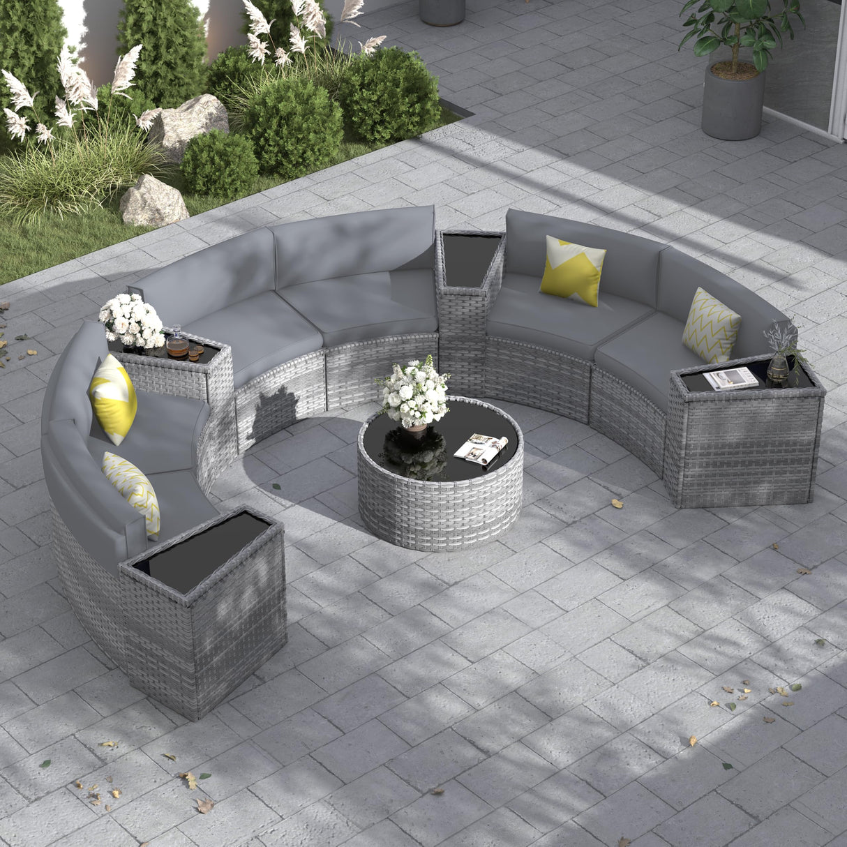 Outdoor Patio Sectional Furniture Sets, 11 Pcs Curved Patio Couch