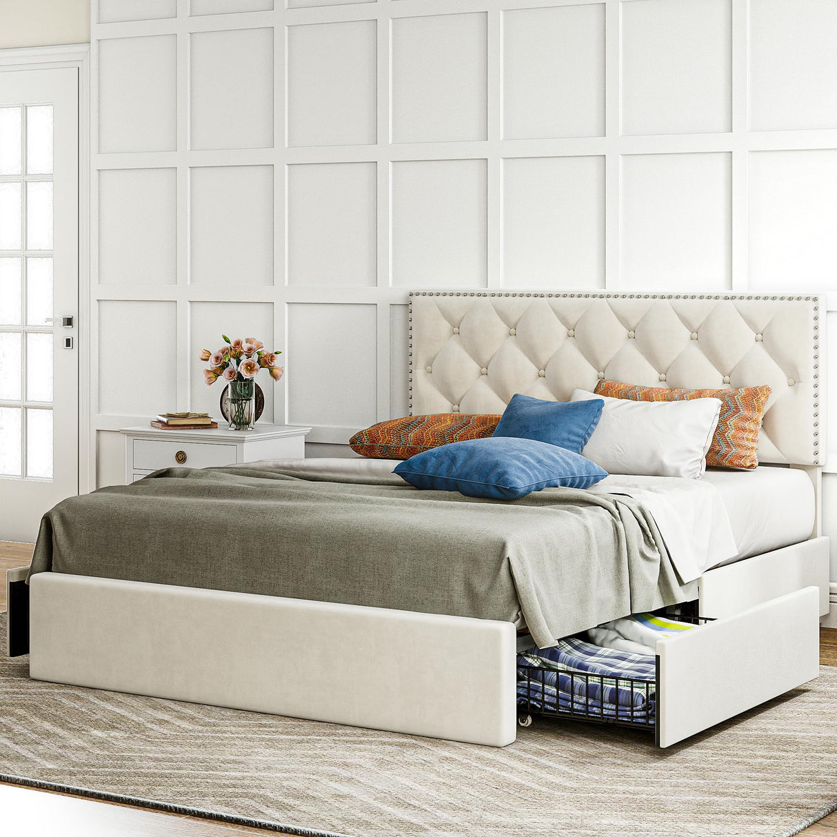 Queen Bed Frame with 4 Storage Drawers, Velvet Upholstered Headboard