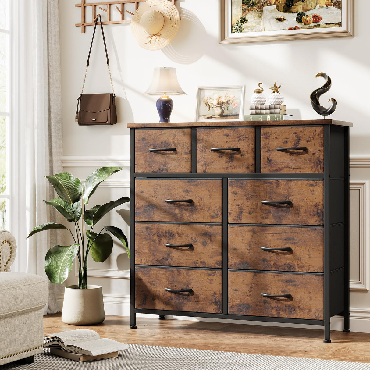 Fabric Dresser for Bedroom with 9 Drawers - Sturdy Steel Frame