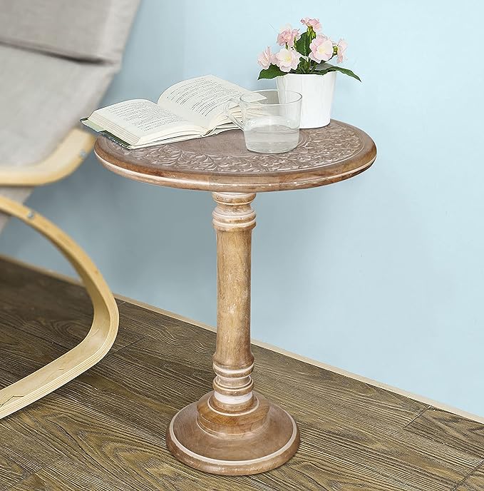 Carved Round End Table with Single Pillar, Unique Accent Piece for Living Room