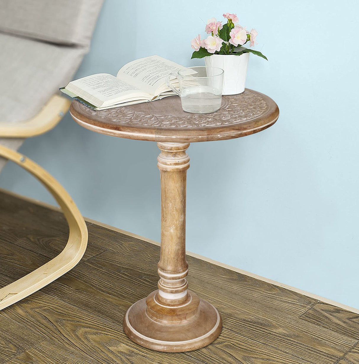 Carved Round End Table with Single Pillar, Unique Accent Piece for Living Room
