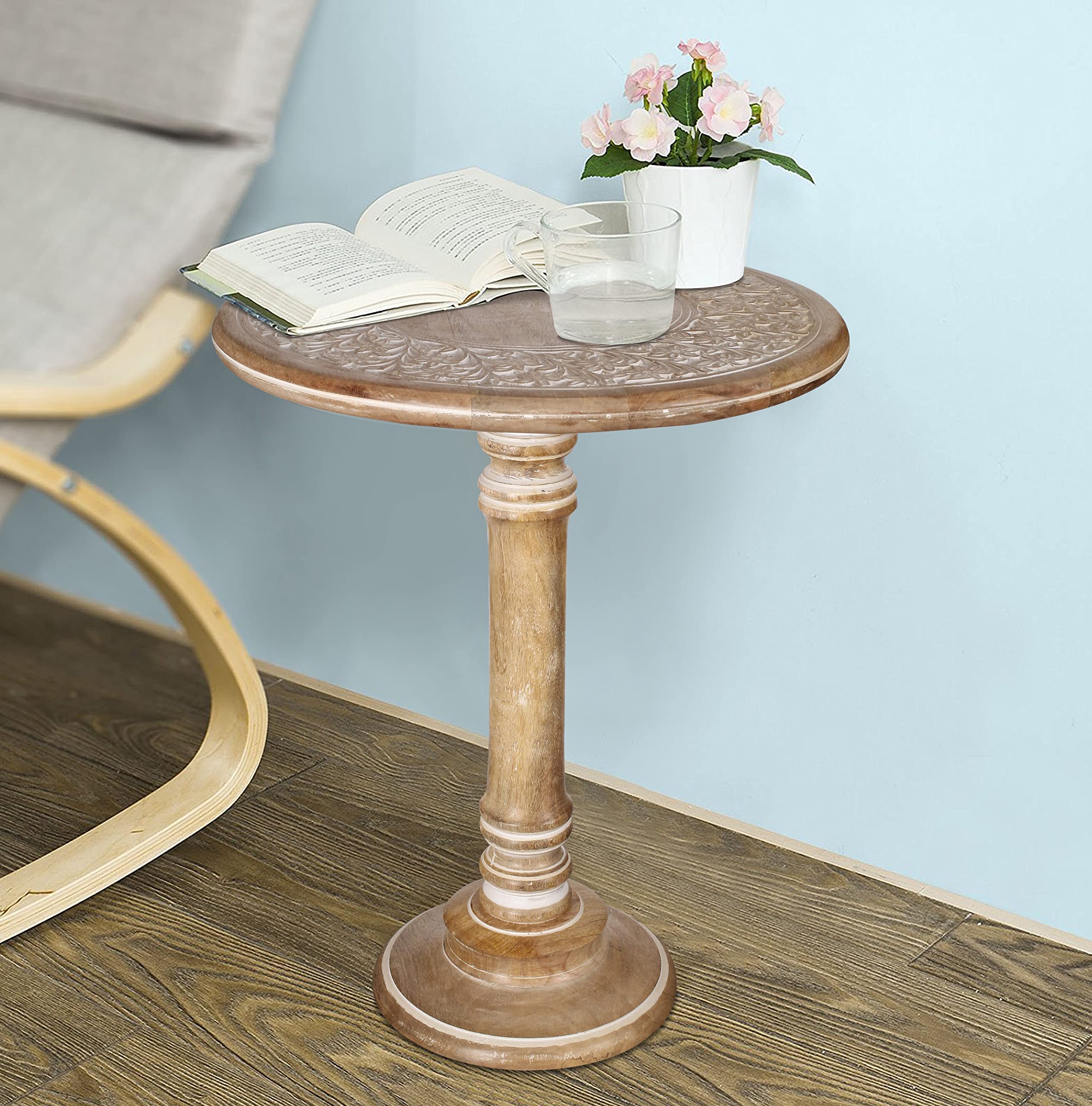 Carved Round End Table with Single Pillar, Unique Accent Piece for Living Room
