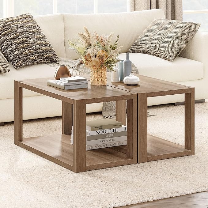 Farmhouse Wood Coffee Table - Boho Table with Storage Shelf