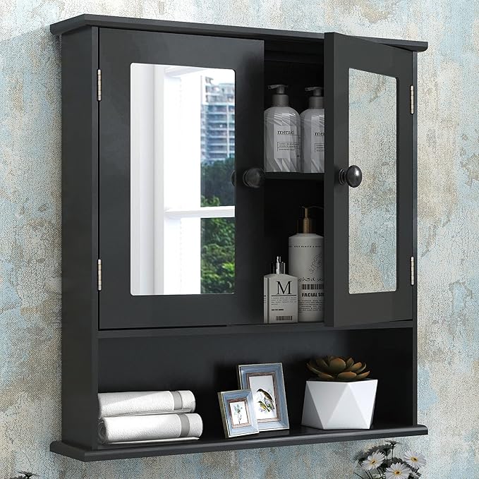 Black Medicine Cabinet, 2 Doors 3 Open Shelf, Wall Mounted Wooden Storage Cabinet