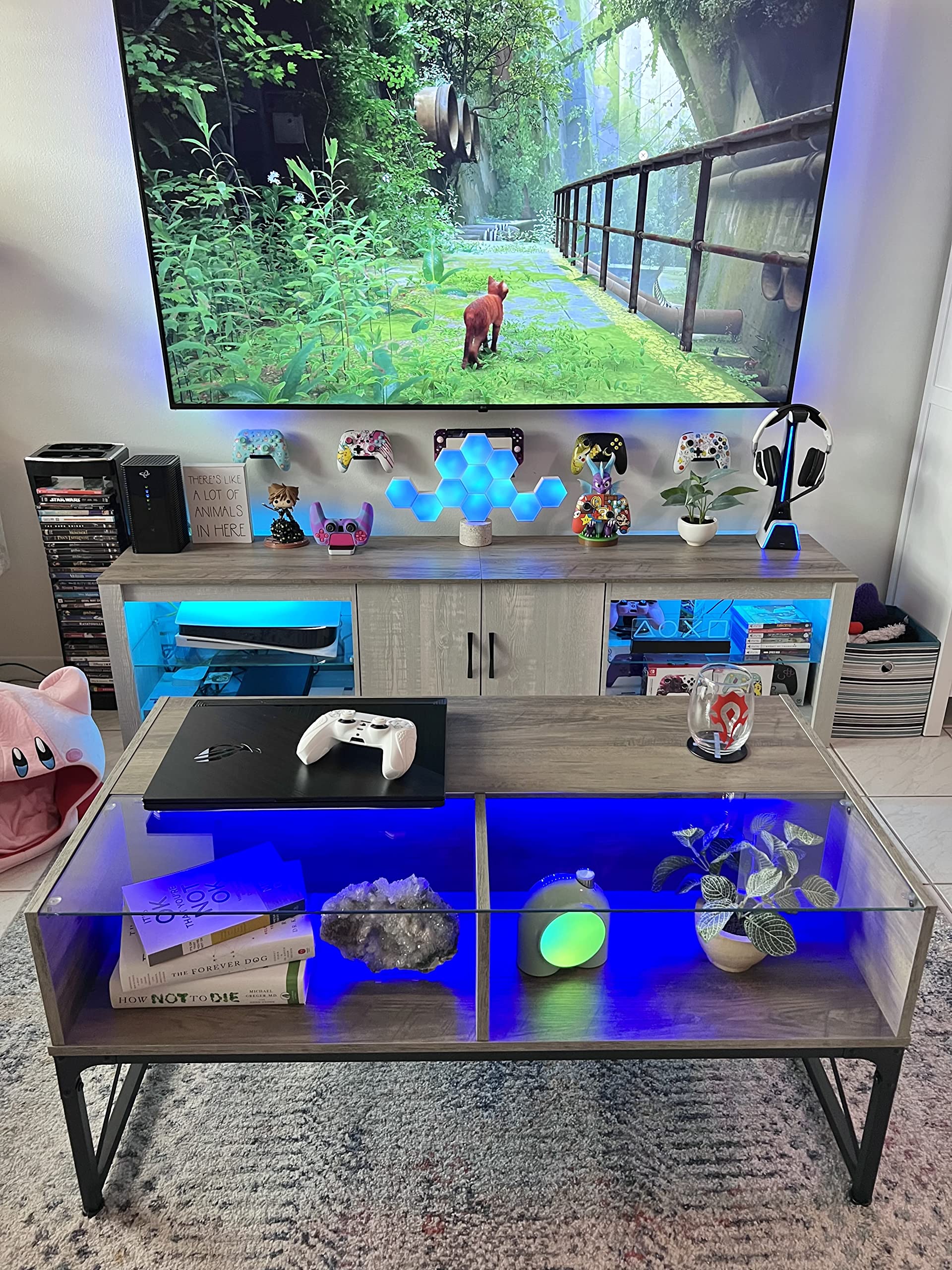 LED Coffee Tables for Living Room,Wood Center Table with Glass Top Game Night