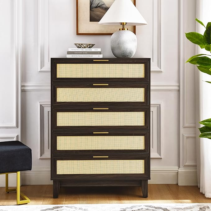 5 Drawers Dresser for Bedroom, 50'' Tall Rattan Dresser, Boho Chest of Drawers with Gold