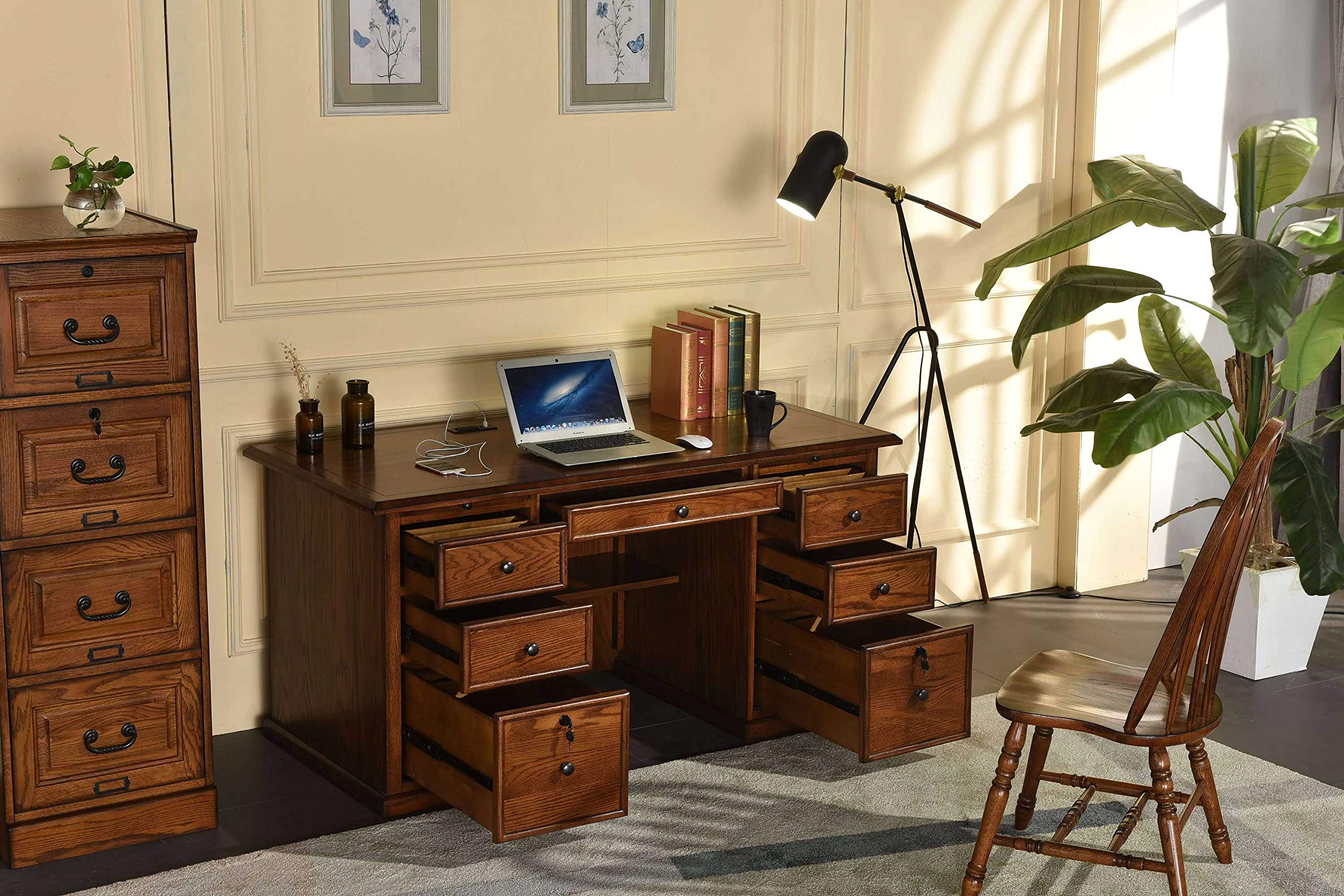 Solid Wood Oak Deluxe Executive Flat Top Desk 60wx29dx30h with Drawers