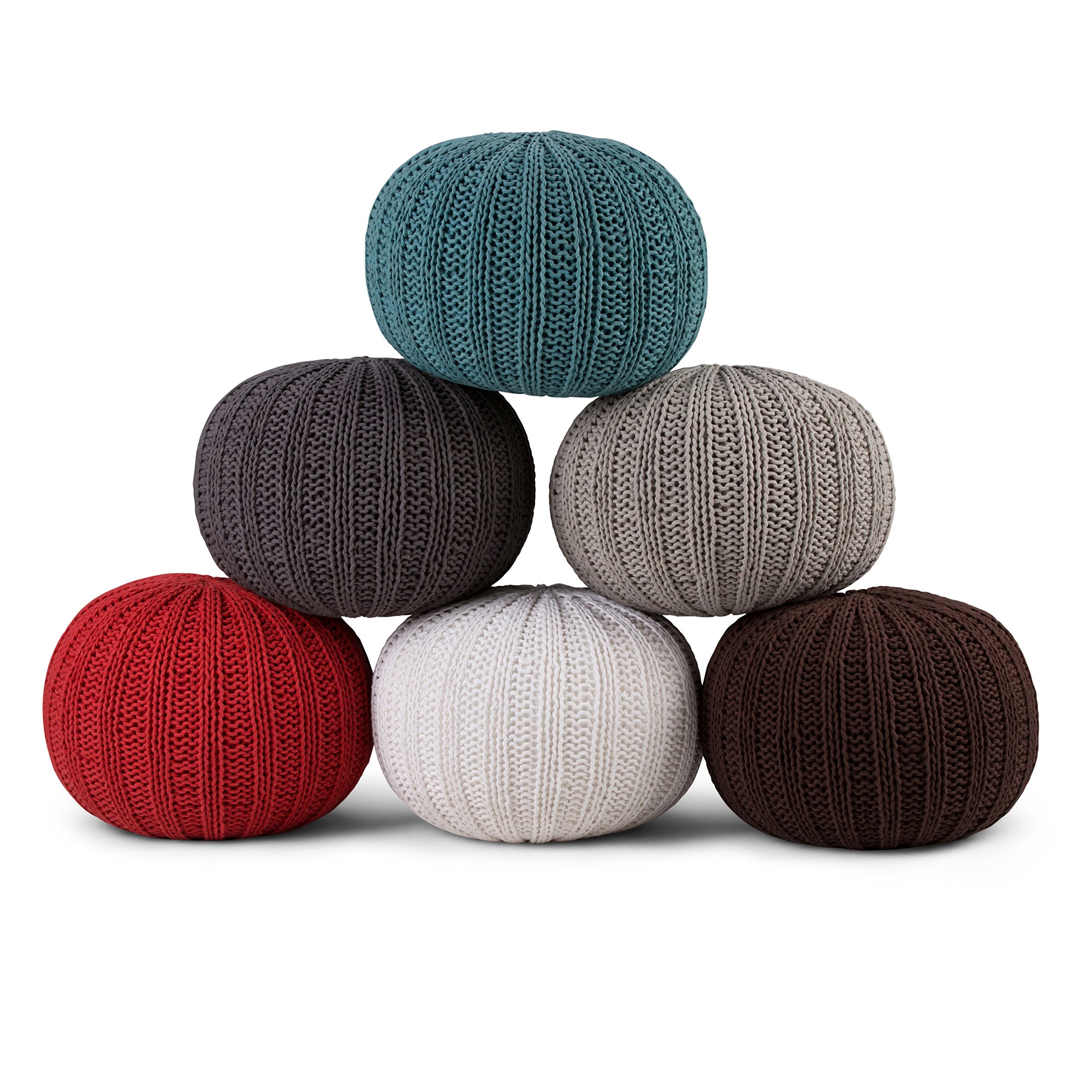 Shelby Round Hand Knit Pouf, Footstool, Upholstered in Teal Cotton, for the Living Room