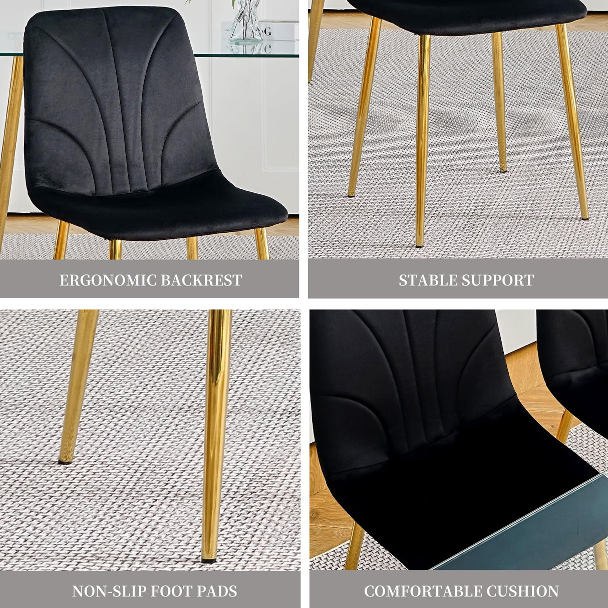 Mid Century Modern Dining Chairs Set of 4 - Black Velvet Upholstered with Metal Legs