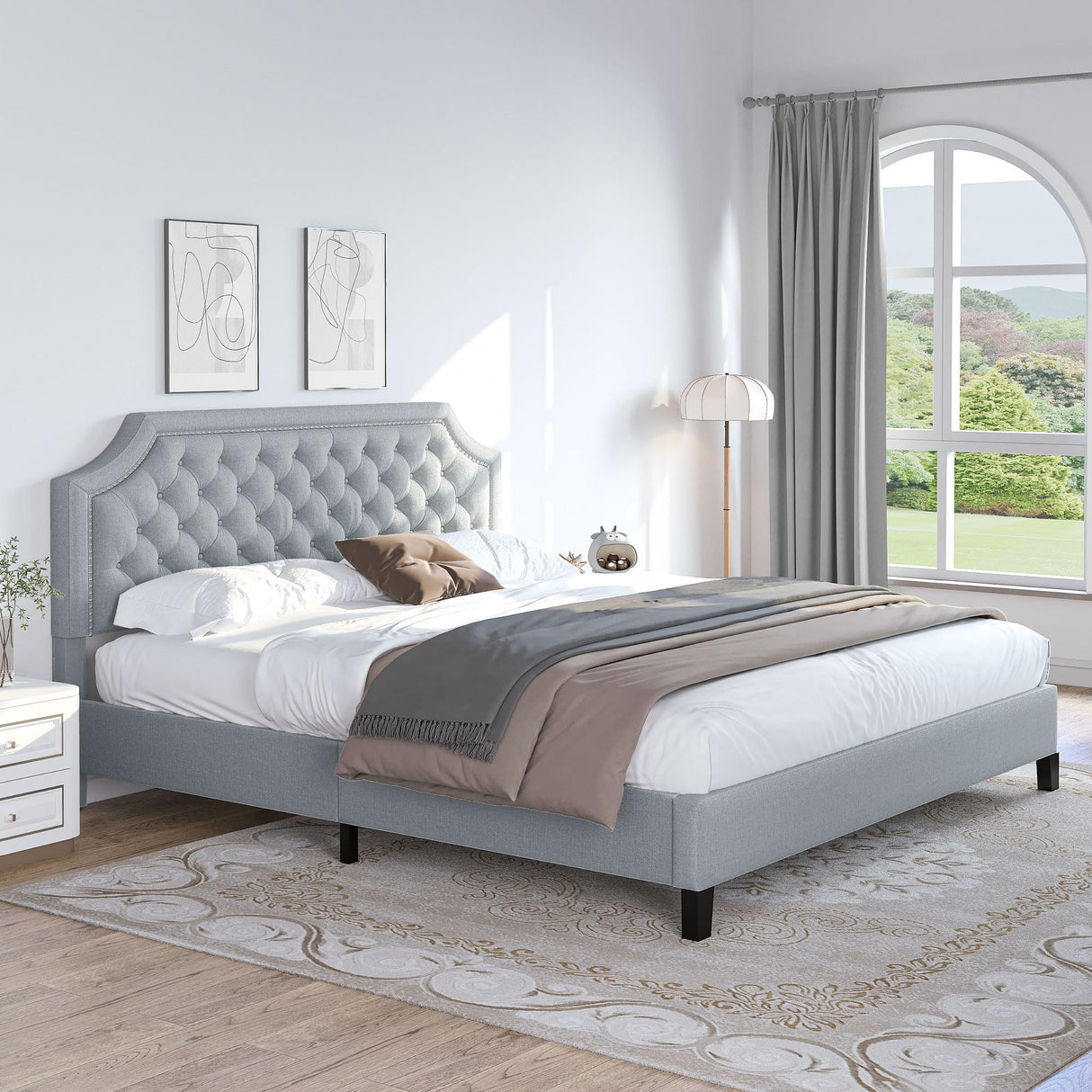 King Size Bed Frame with Headboard, Grey Linen Upholstered Platform Bed Frame