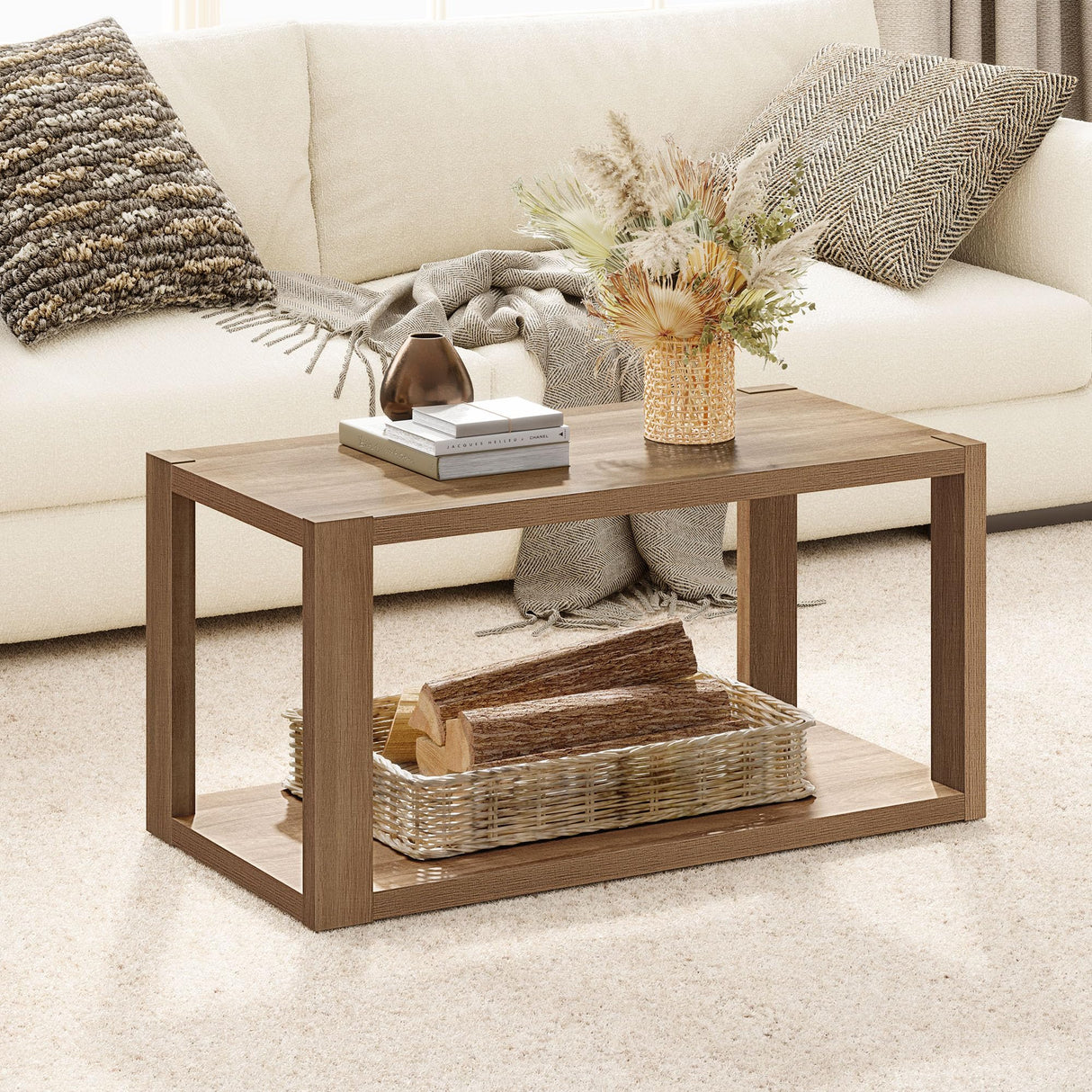 Farmhouse Wood Coffee Table - Boho Table with Storage Shelf
