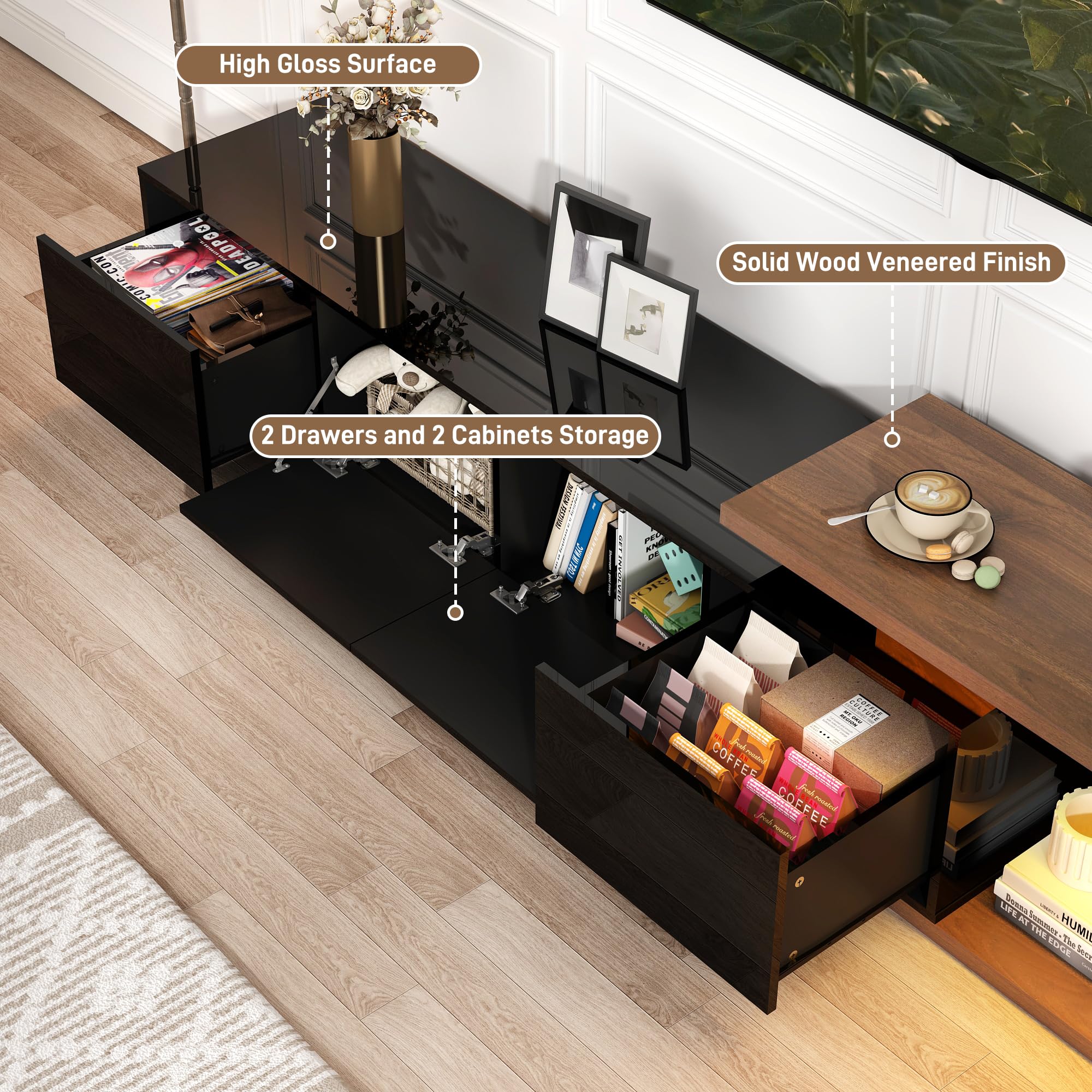 Extendable TV Stand with LED Light, Modern Entertainment Center for up to 120 Inch TV