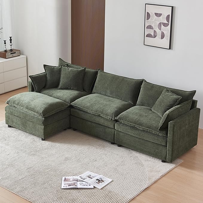 Modular Sectional Sofa Couch L-Shaped with Convertible Ottoman for Living Room, Modern Contemporary 3-Seat Sofa Couch for Apartment Office, Chenille Fabric, Beige