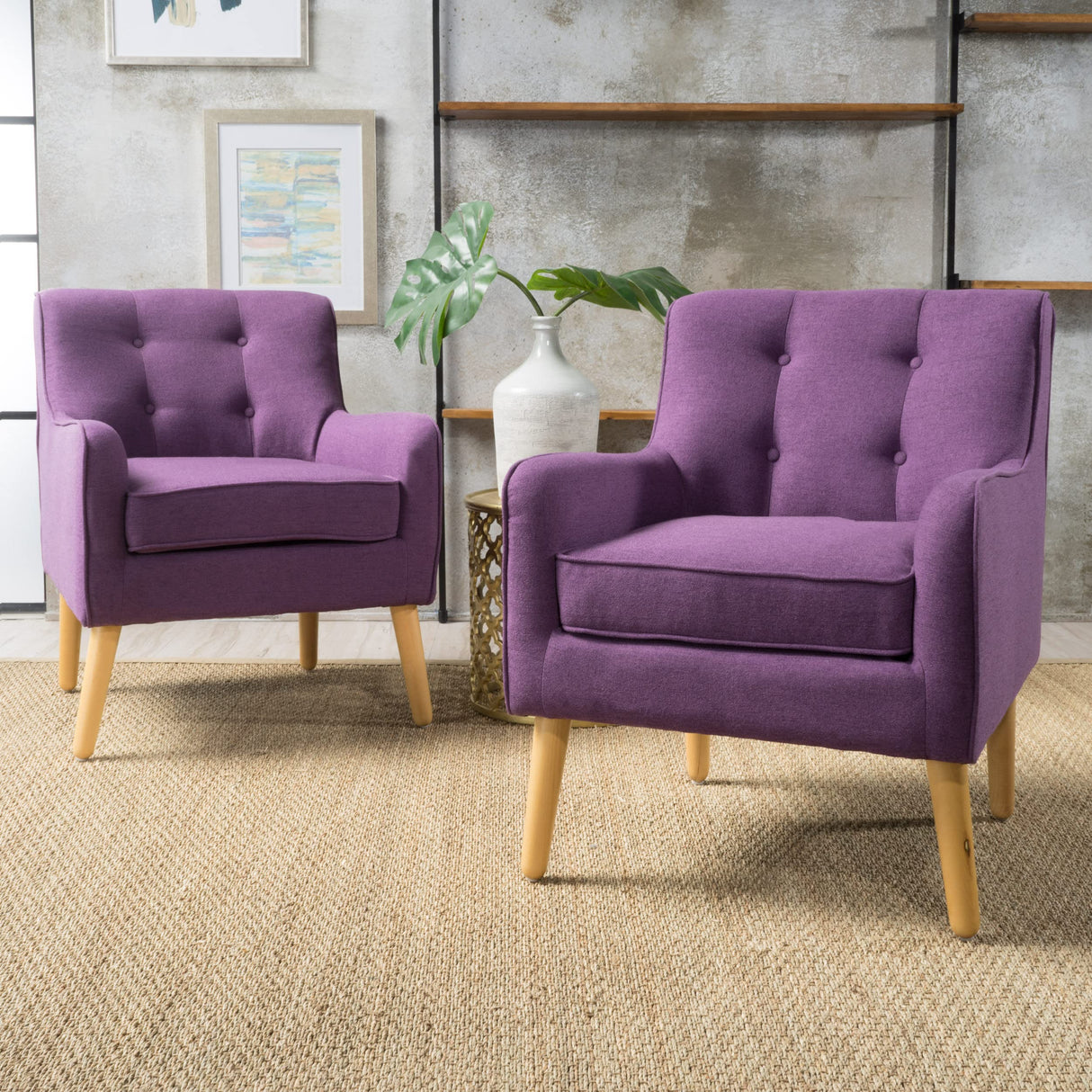 Felicity Mid-Century Fabric Arm Chairs, 2-Pcs Set, Purple