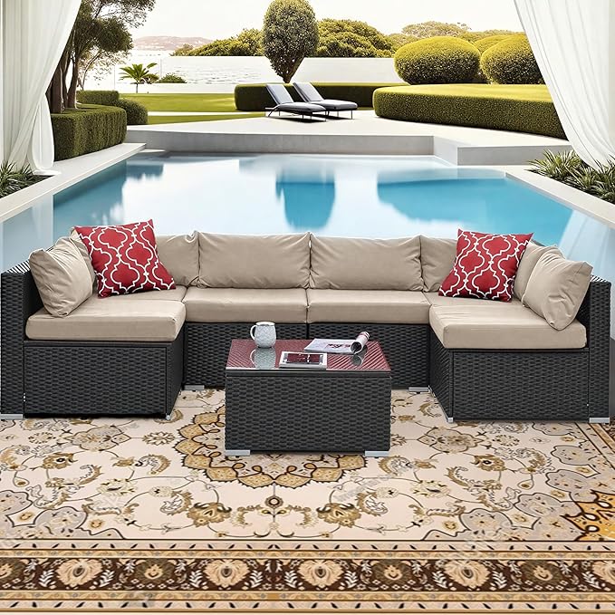 7 Piece Patio Furniture Set, All Weather Outdoor Rattan Wicker