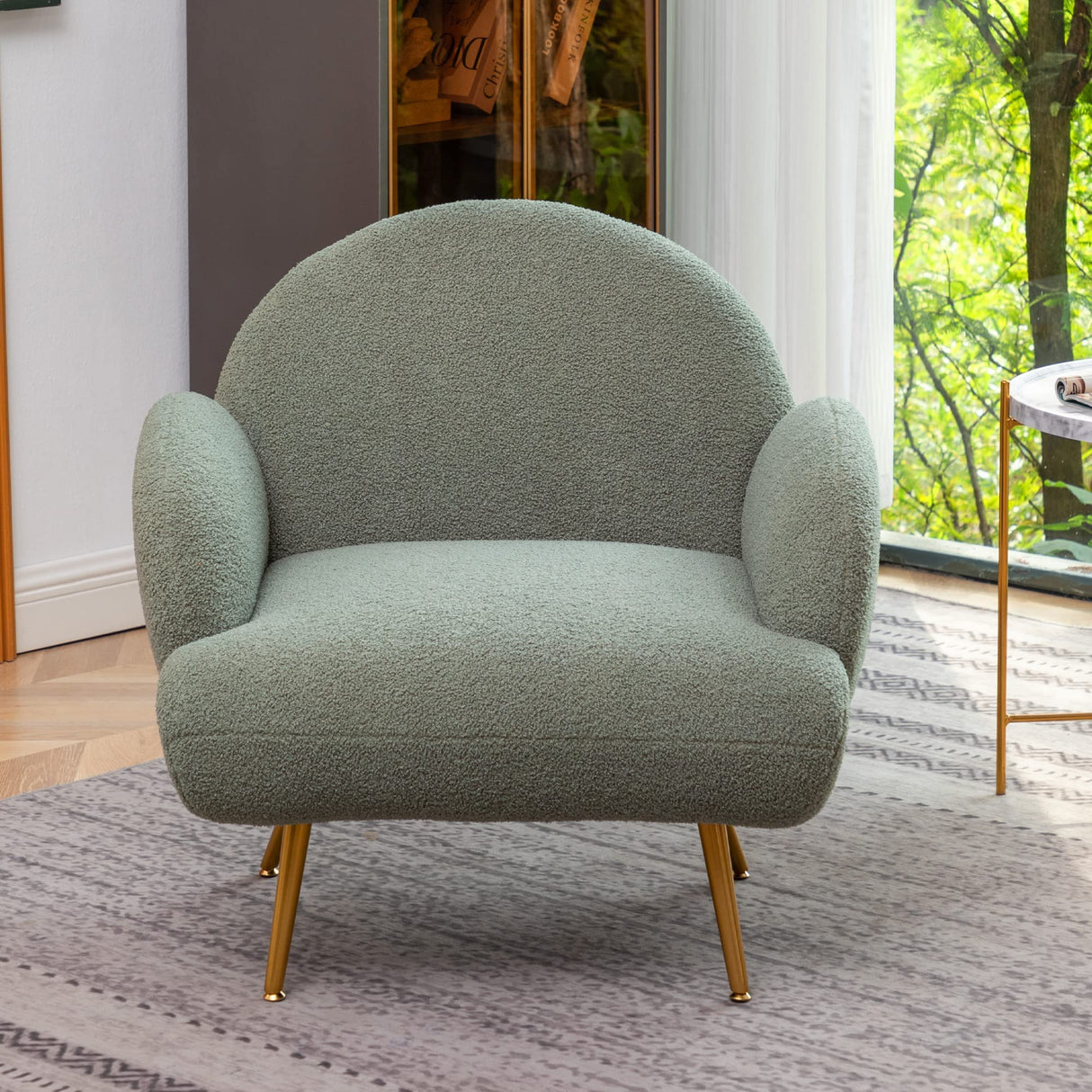 Accent Chair Green with Golden Metal Legs,Reading Chair for Bedroom Comfy