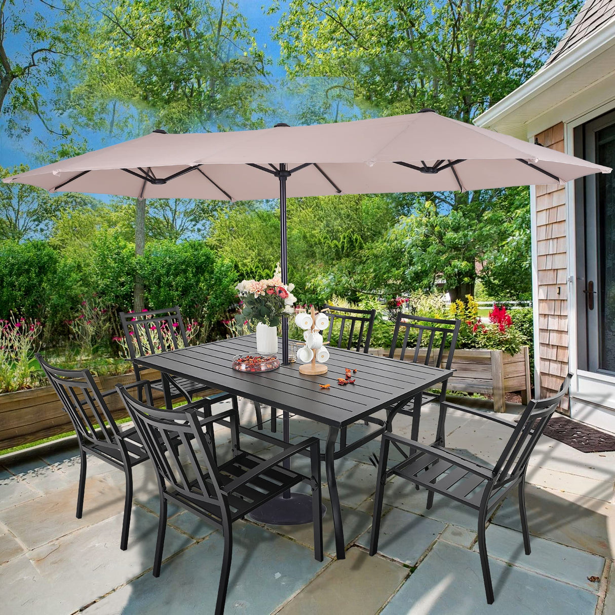 7 Pieces Patio Dining Set with 13ft Double-Sided Umbrella